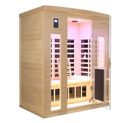 Three-person infrared sauna in Hemlock wood with glass door, pink interior, HouseOfZazla on Tampa Home & Garden Store