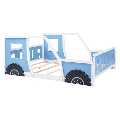 Classic Car Shaped Platform Bed With Wheels in blue panels with white frame HouseOfZazla on Tampa Home & Garden Store