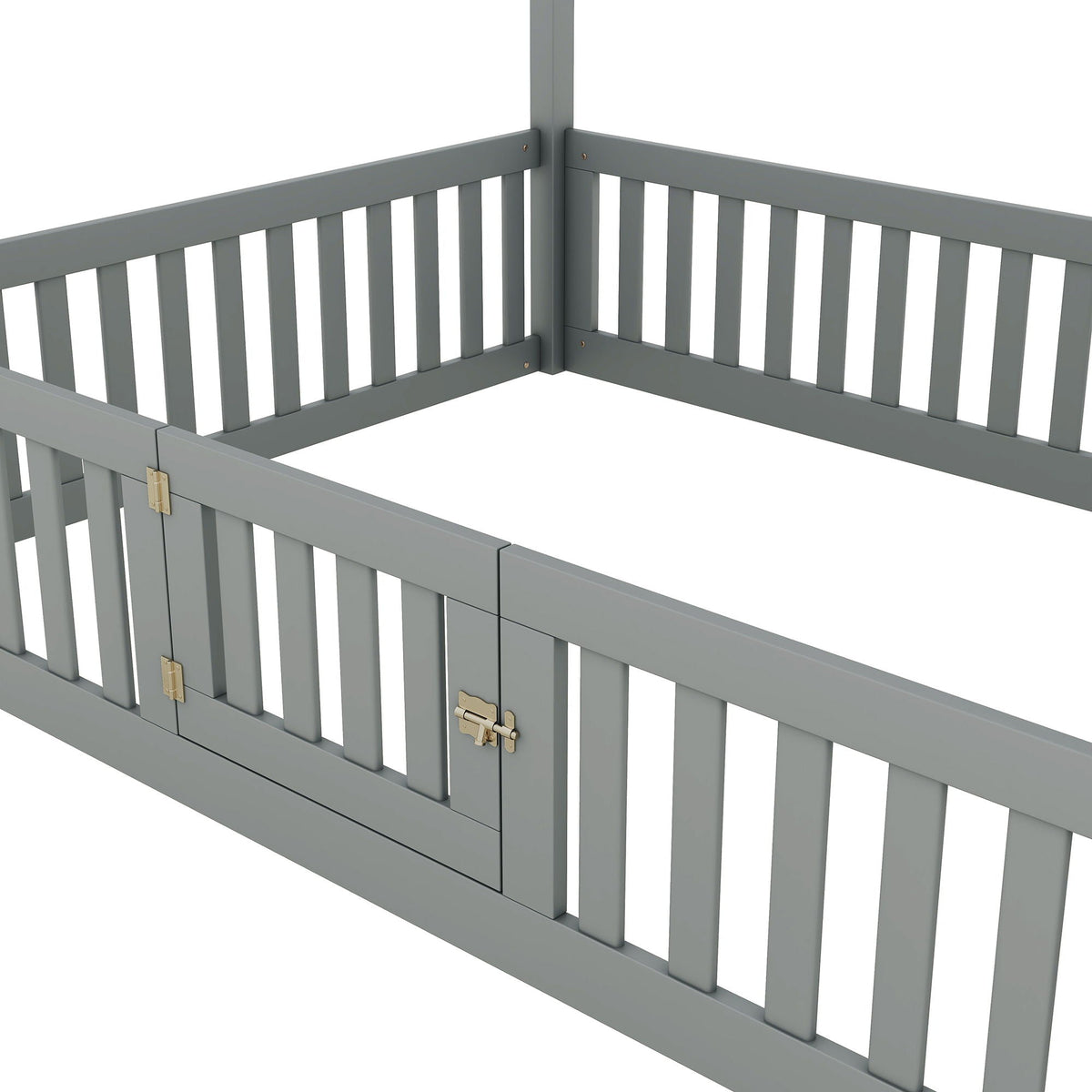 Wood house bed with gray finish, fence rails and door detail by HouseOfZazla on Tampa Home & Garden Store