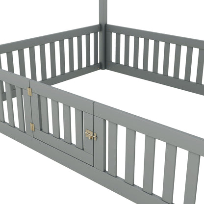 Wood house bed with gray finish, fence rails and door detail by HouseOfZazla on Tampa Home & Garden Store