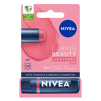 Lip balm NIVEA Caring Beauty Lip & Cheek Rose, SPF30 with blue NIVEA logo packaging on Tampa Home & Garden Store