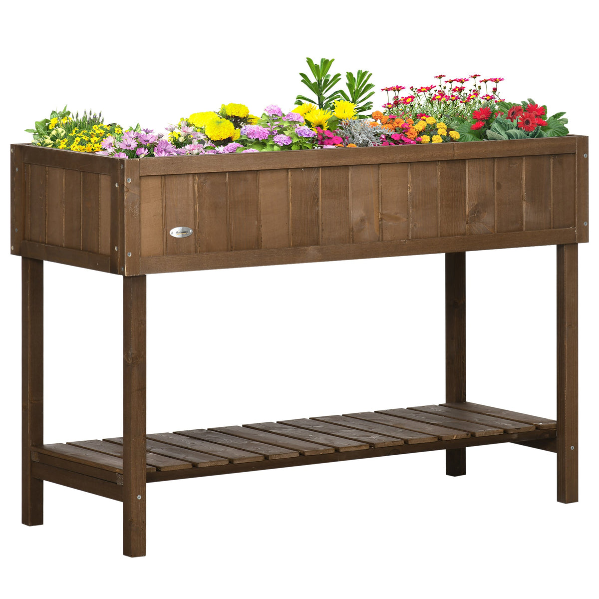 Raised garden bed with shelf and pockets in fir wood, HouseOfZazla, filled with colorful flowers on Tampa Home & Garden Store