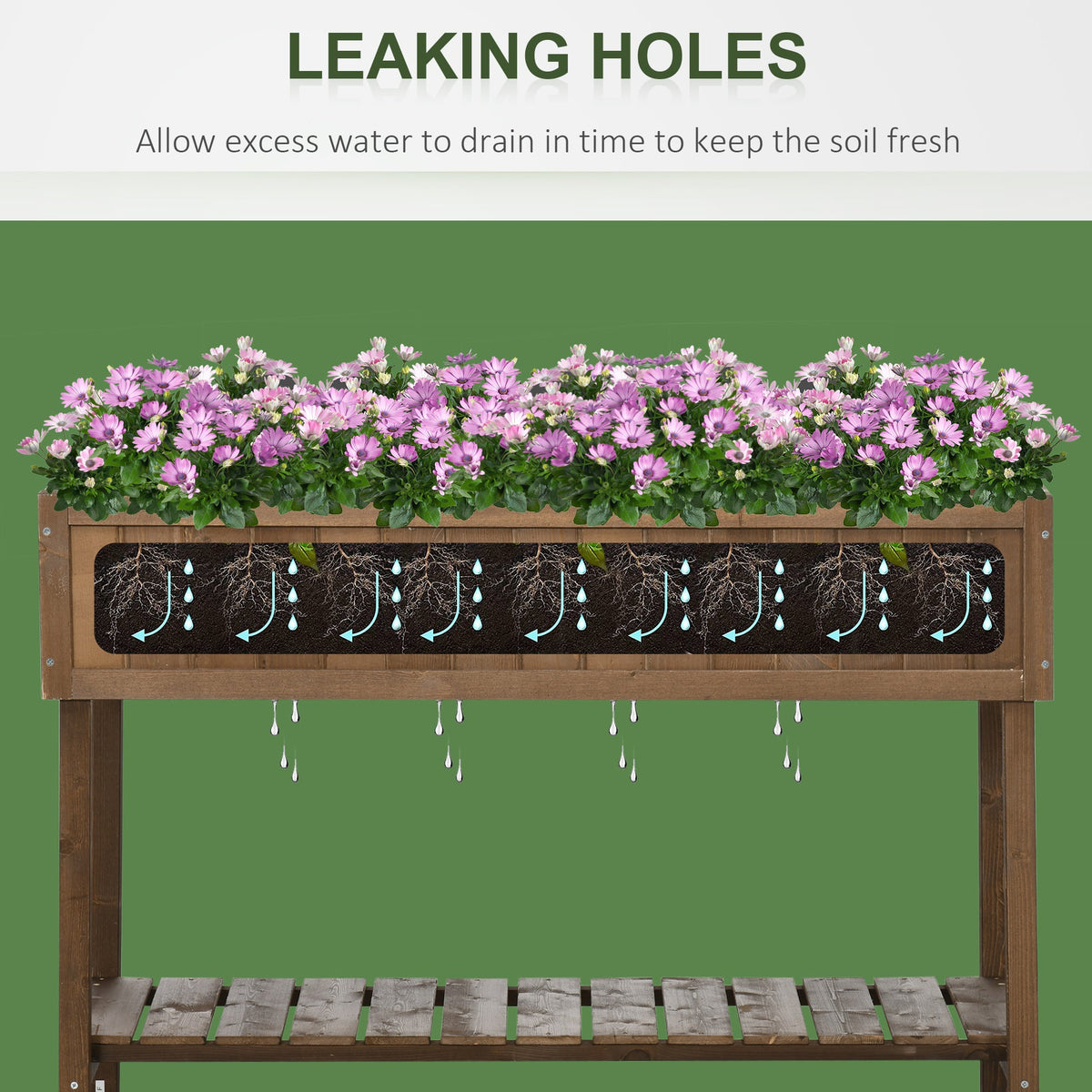 43x18x30 Fir Wood Raised Garden Bed with Shelf & Pockets filled with pink daisies on Tampa Home & Garden Store
