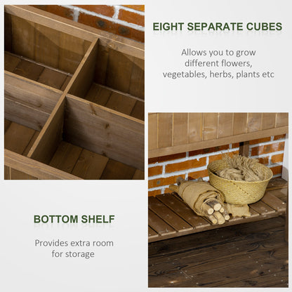 Fir wood raised garden bed with eight cubes and bottom shelf set against a brick wall on Tampa Home & Garden Store