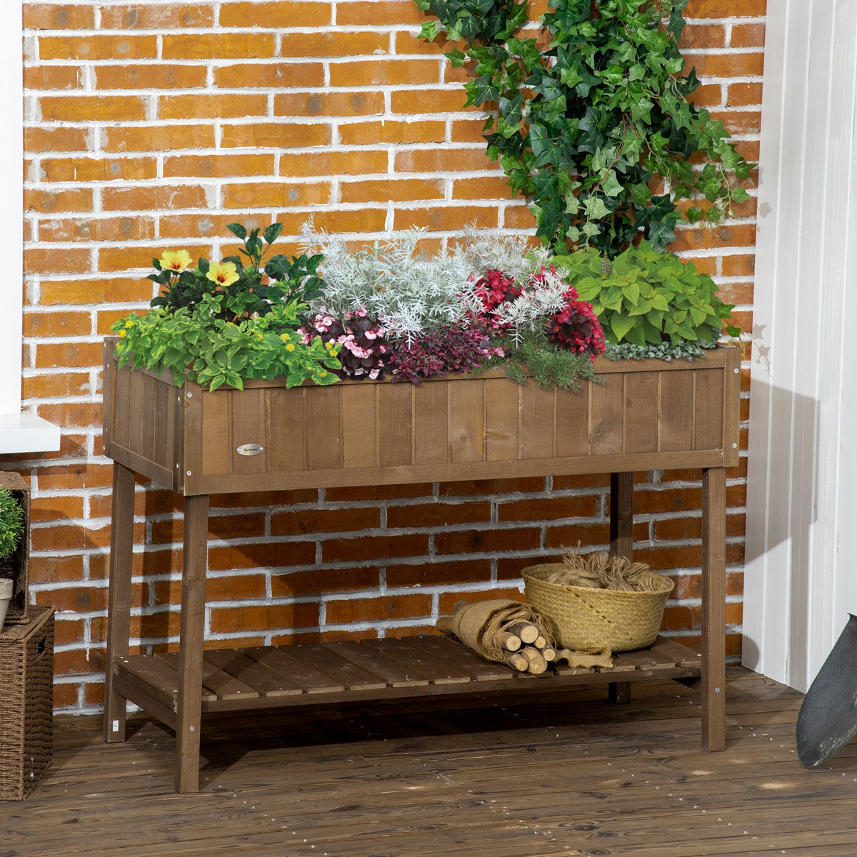 Raised Garden Bed fir wood 43x18x30 with shelf by HouseOfZazla, planted with flowers on Tampa Home & Garden Store