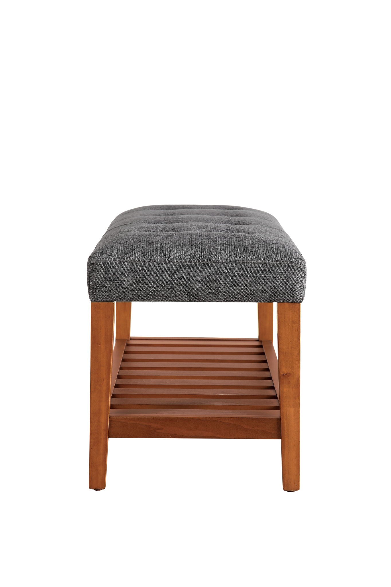 Charla Upholstered Bench gray fabric cushion with wooden legs and slatted shelf HouseOfZazla on Tampa Home & Garden Store