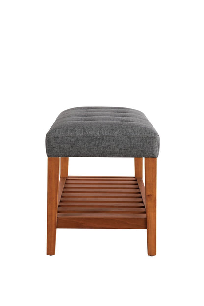 Charla Upholstered Bench gray fabric cushion with wooden legs and slatted shelf HouseOfZazla on Tampa Home & Garden Store