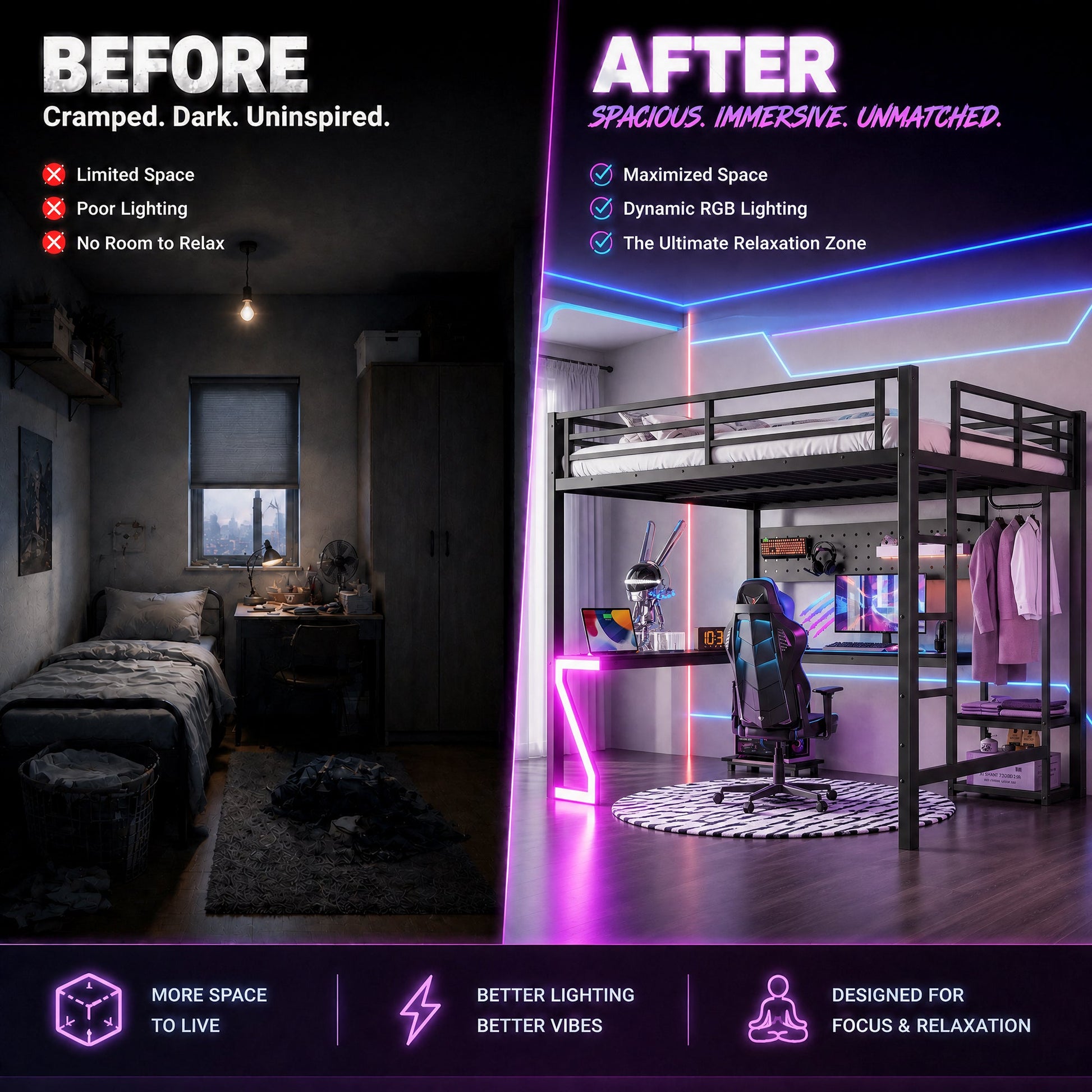 Queen Loft Bed with L-shaped Desk and USB Ports, metal frame, RGB lighting, HouseOfZazla on Tampa Home & Garden Store