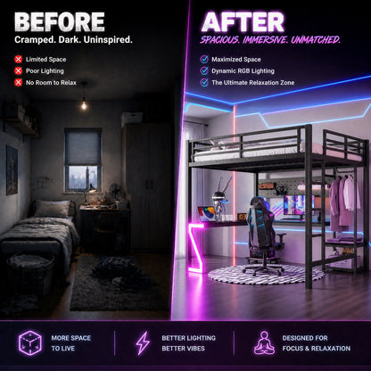 Queen Loft Bed with L-shaped Desk and USB Ports, metal frame, RGB lighting, HouseOfZazla on Tampa Home & Garden Store