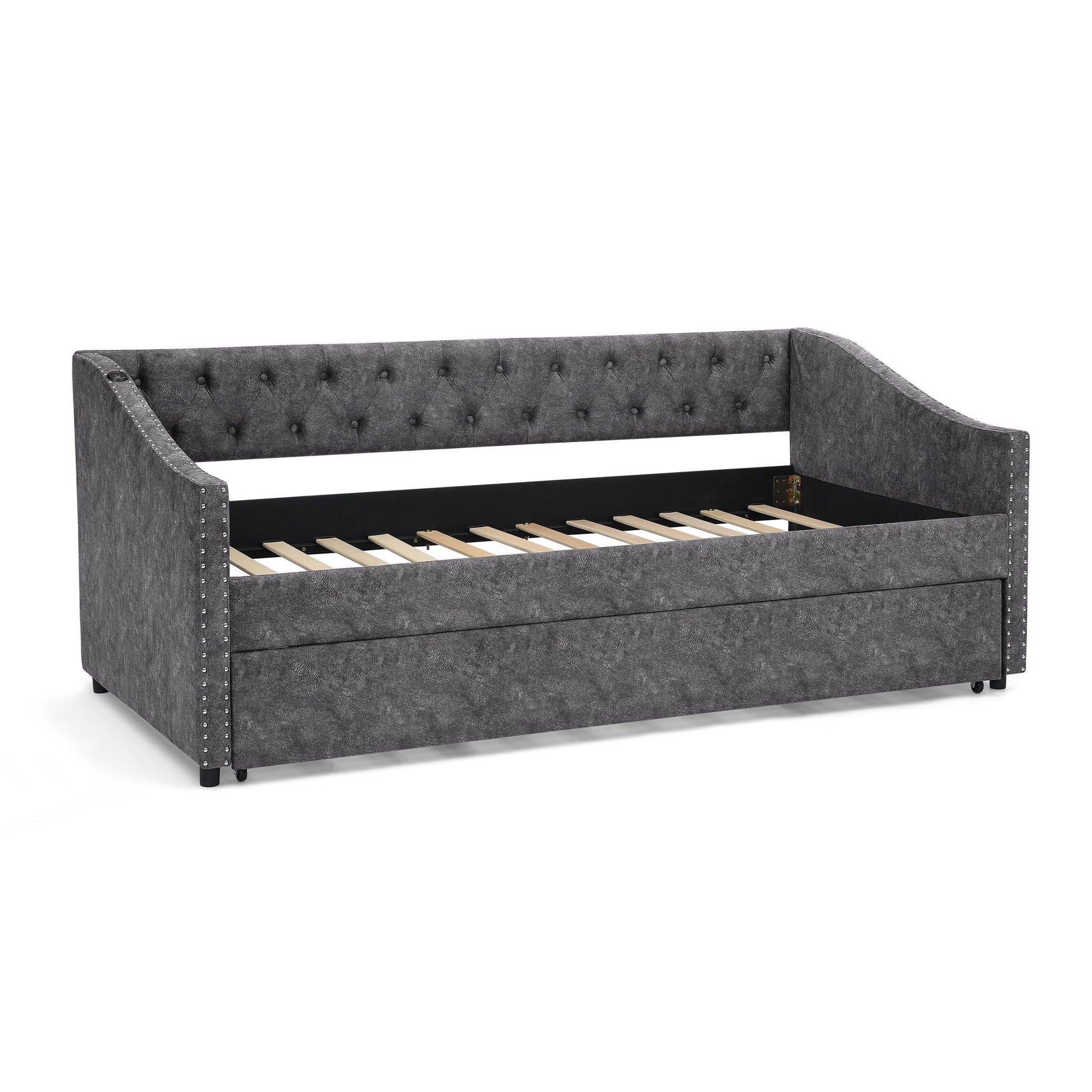 Upholstered Daybed with USB charging & pull-out bed by HouseOfZazla, fabric, tufted back, trundle on Tampa Home & Garden Store