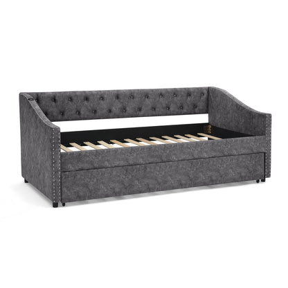 Upholstered Daybed with USB charging & pull-out bed by HouseOfZazla, fabric, tufted back, trundle on Tampa Home & Garden Store