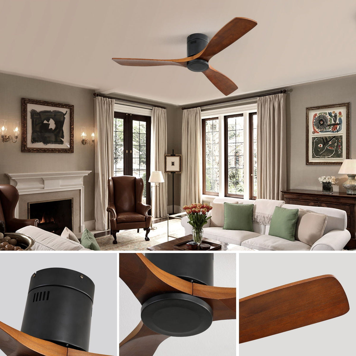 Ceiling fan HouseOfZazla with 3 walnut blades, black motor housing, remote DC motor on Tampa Home & Garden Store