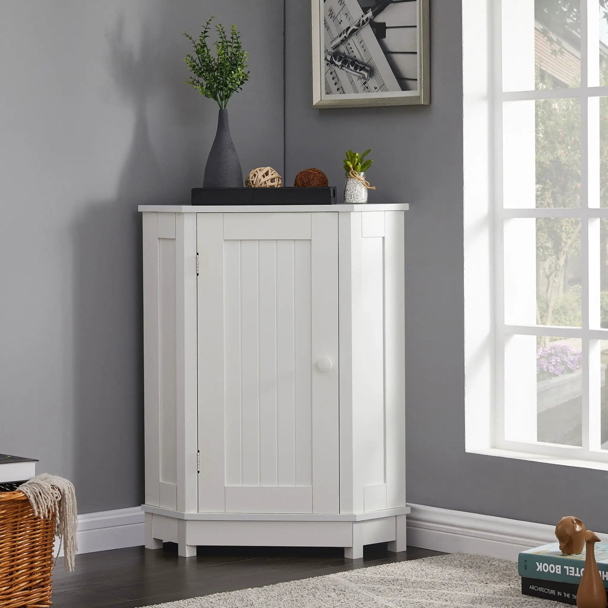 White triangle corner linen cabinet with adjustable shelf and modern style on Tampa Home & Garden Store