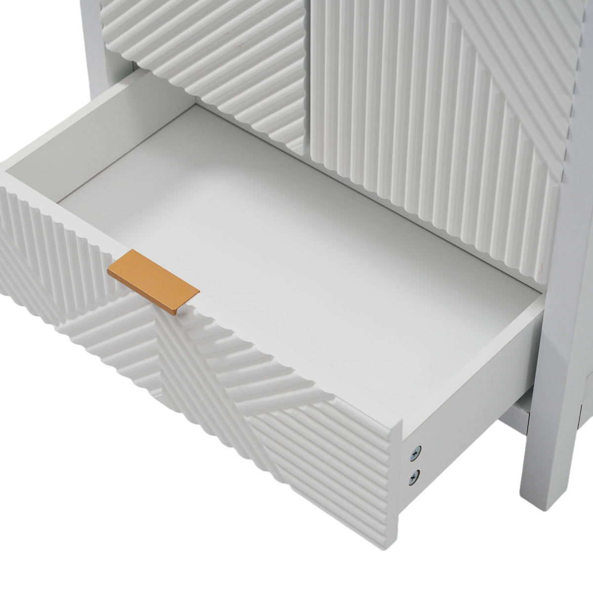 White modern bathroom vanity with ridged drawer fronts and a gold pull on Tampa Home & Garden Store