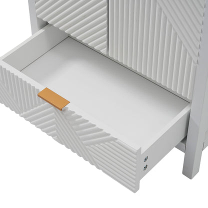 White modern bathroom vanity with ridged drawer fronts and a gold pull on Tampa Home & Garden Store