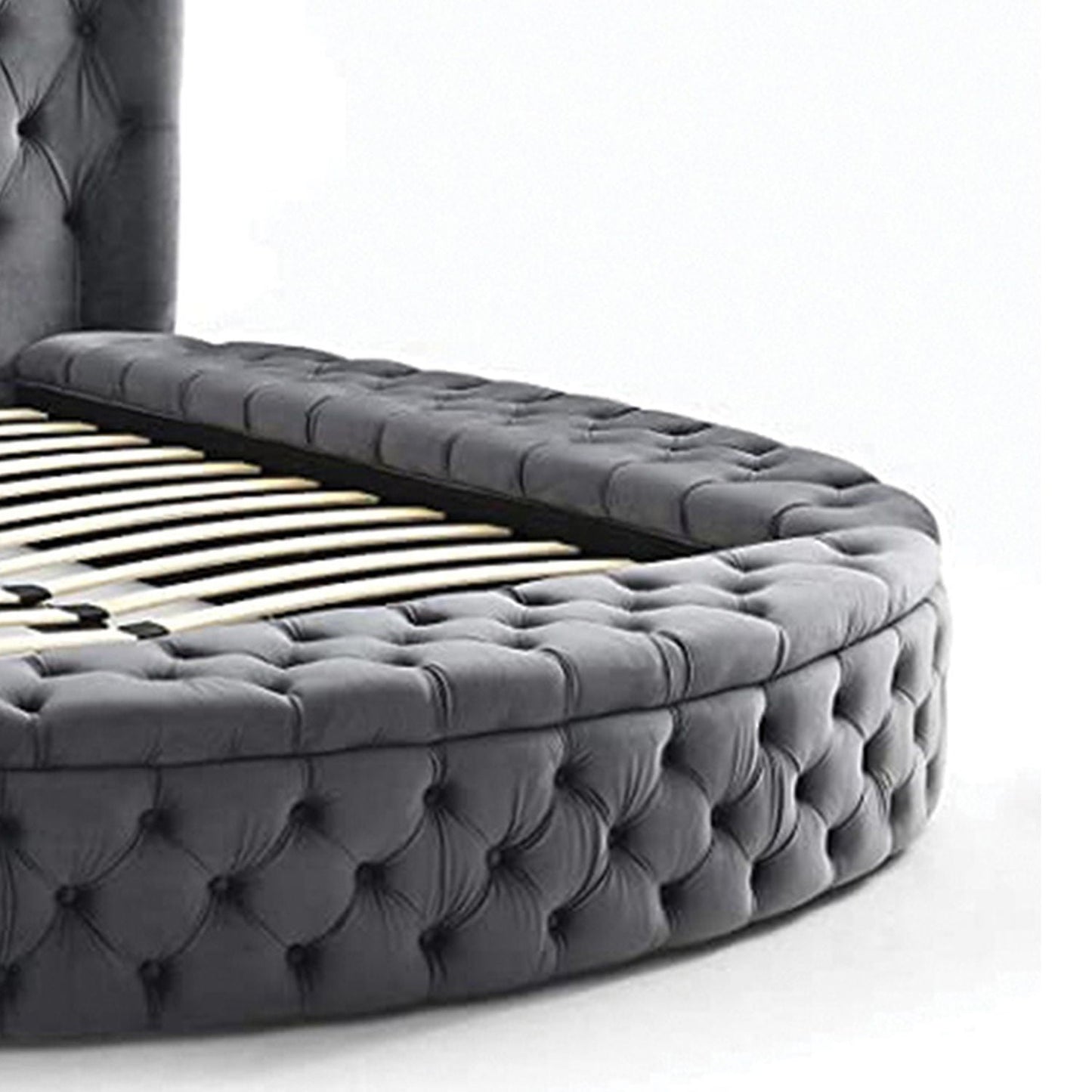 Hazel storage bed gray tufted upholstery with a rounded edge and visible wooden slats on Tampa Home & Garden Store
