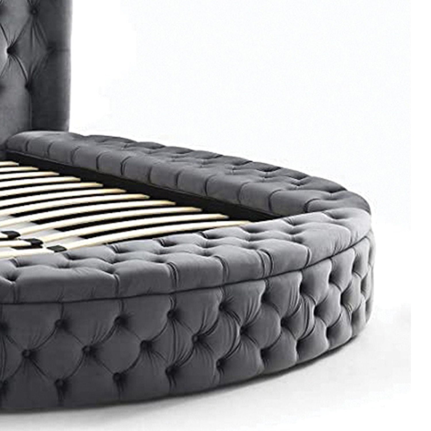 Hazel storage bed gray tufted upholstery with a rounded edge and visible wooden slats on Tampa Home & Garden Store