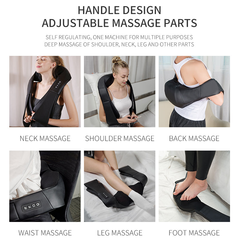 Black kneading massage shawl massager worn around neck and back; six zones shown on Tampa Home & Garden Store