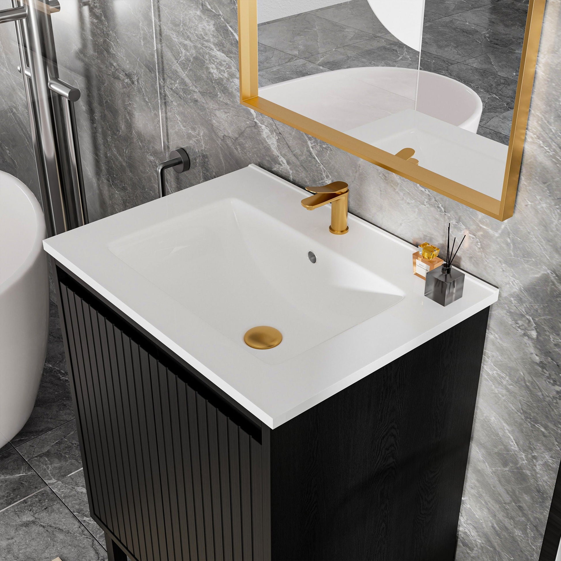 Bathroom vanity with ceramic sink, white countertop, gold faucet on Tampa Home & Garden Store