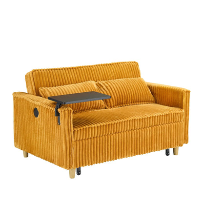 Pull Out Sofa with Movable Tabletop and USB Ports in mustard corduroy fabric on Tampa Home & Garden Store