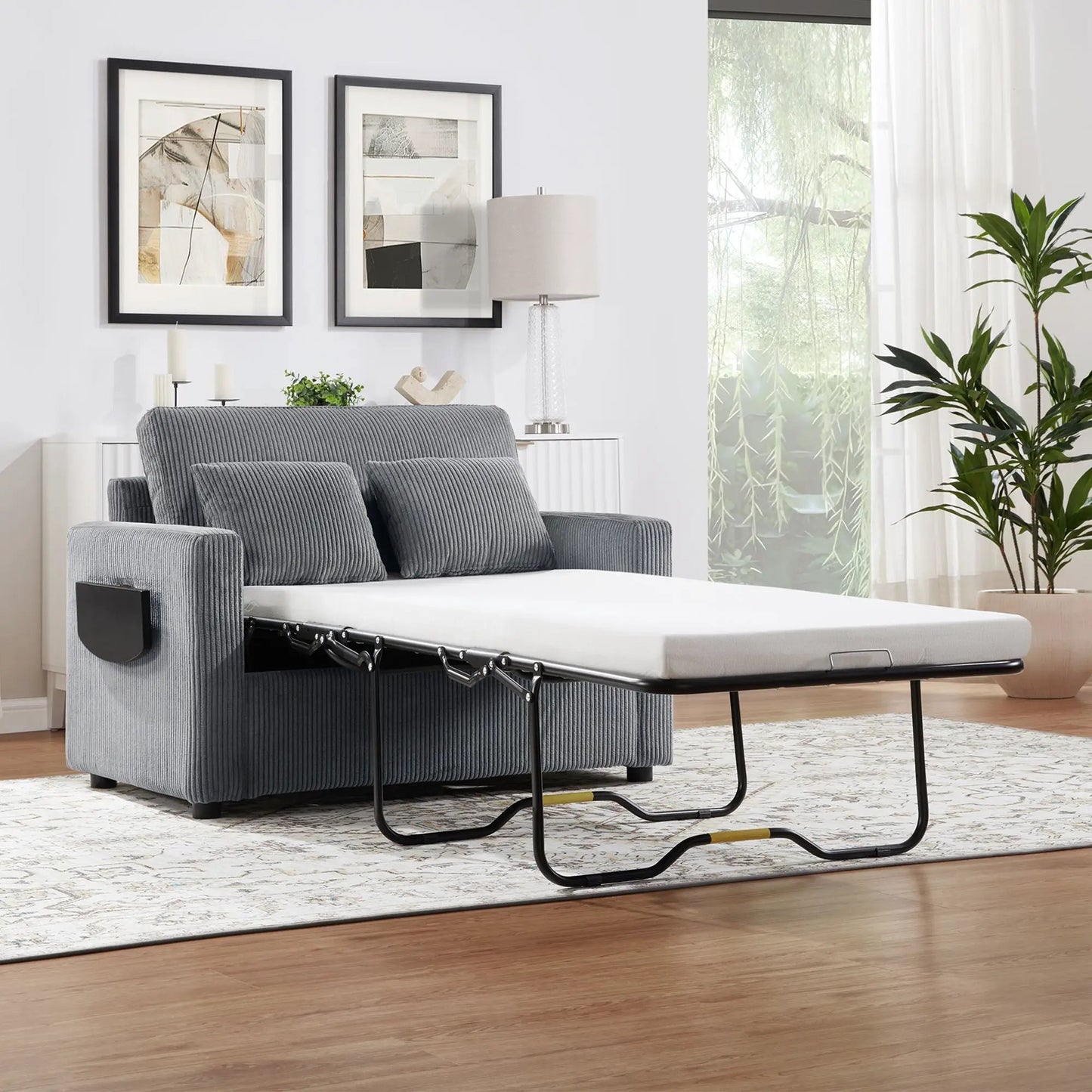 Sleeper sofa in gray ribbed fabric with pull-out mattress and metal frame on Tampa Home & Garden Store