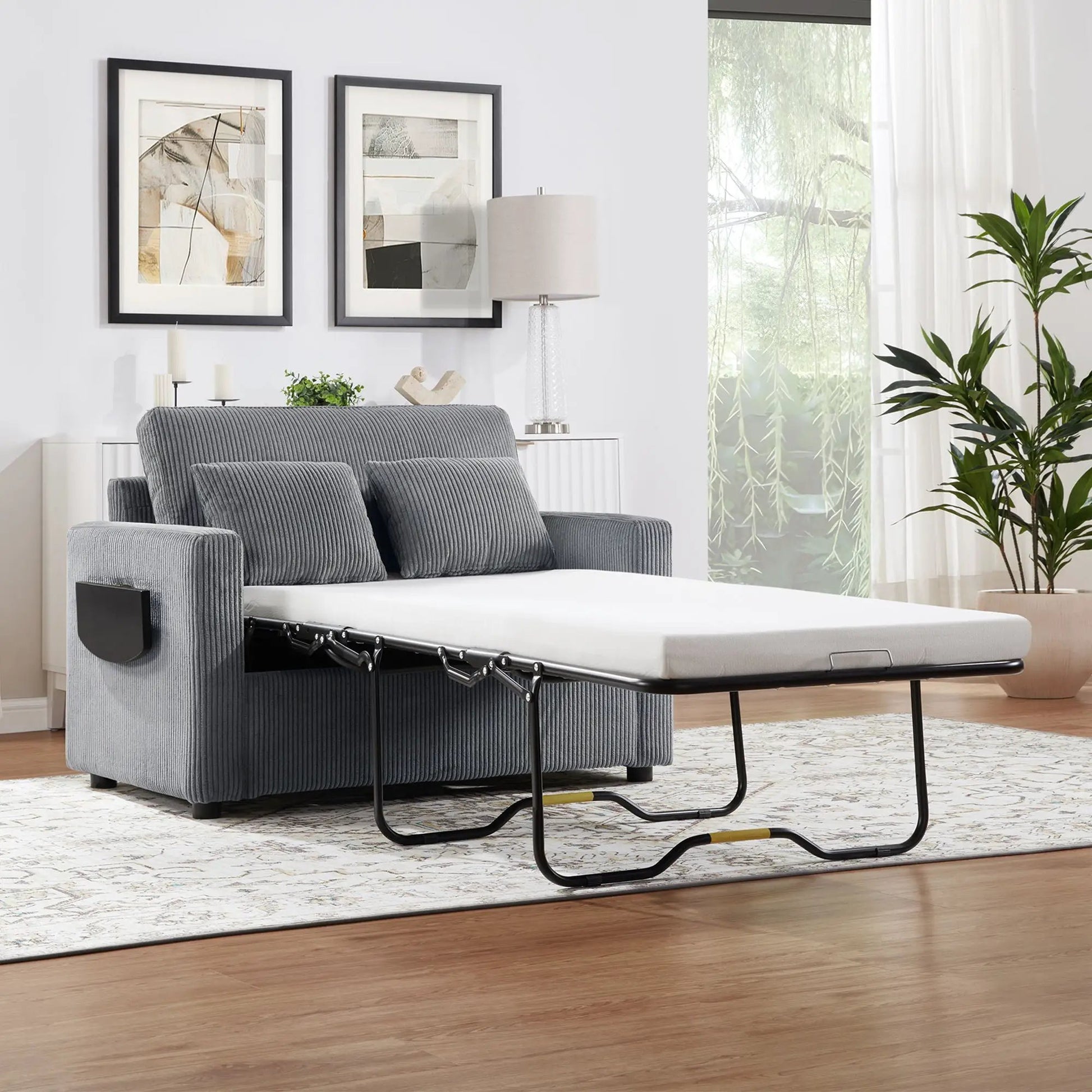 Sleeper sofa in gray ribbed fabric with pull-out mattress and metal frame on Tampa Home & Garden Store