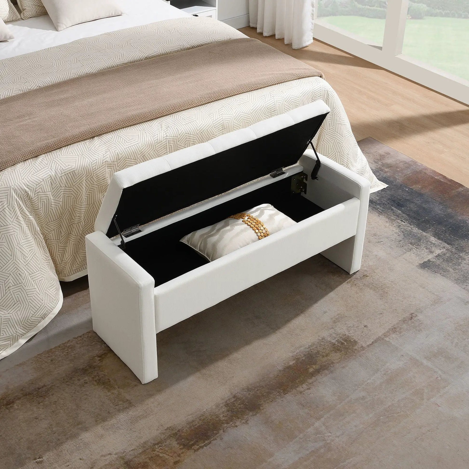 Modern upholstered bed end storage bench, white frame with black interior, open storage on Tampa Home & Garden Store