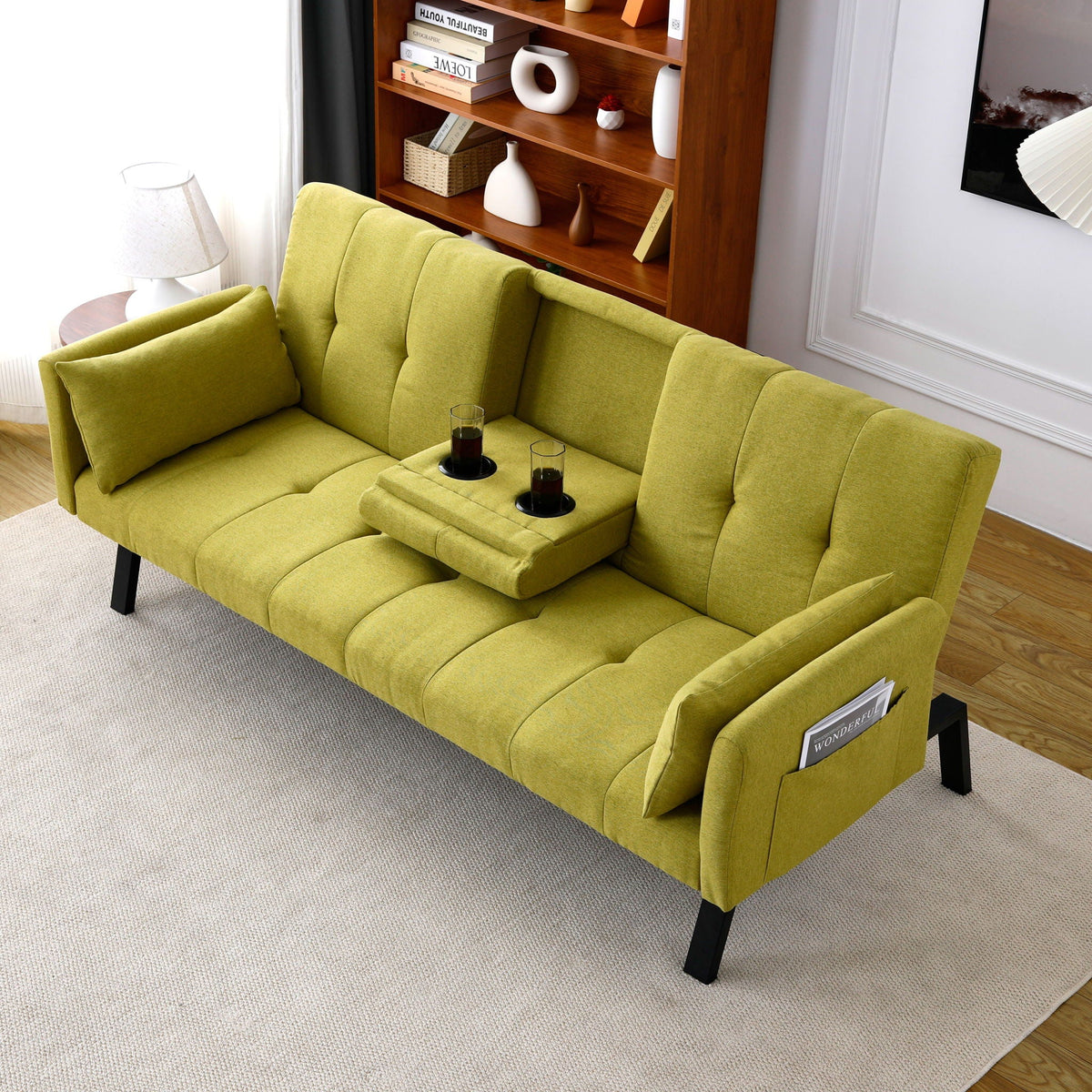 Green Foldable Sofa Bed with a Cup Holder