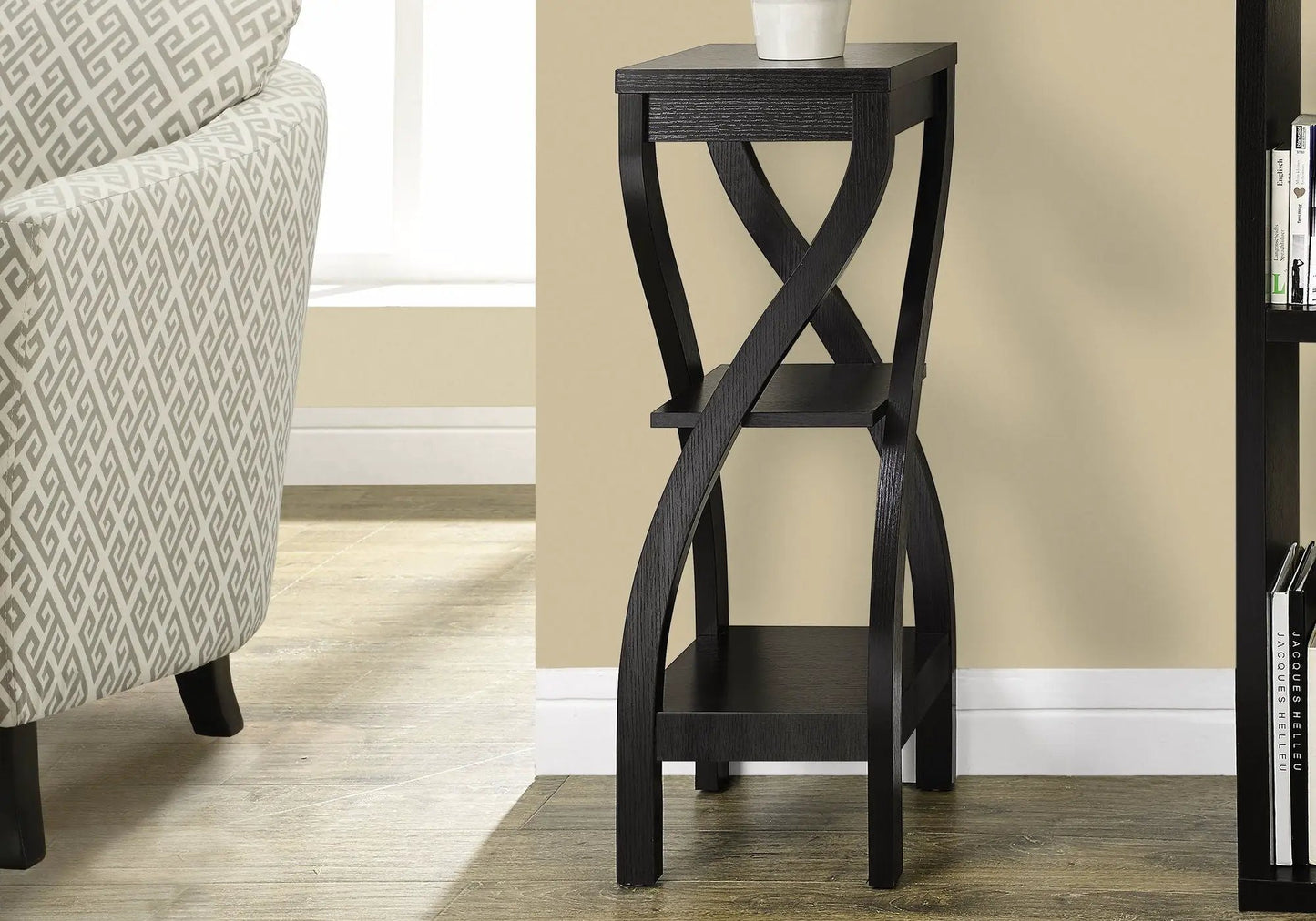 Accent Table square top with crisscross black wood legs, contemporary design on Tampa Home & Garden Store