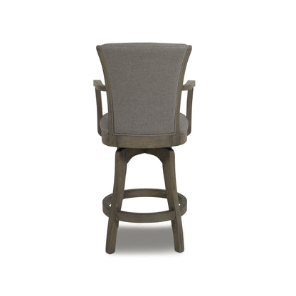 Swivel counter-height bar stool with high back, gray fabric upholstery and hardwood frame on Tampa Home & Garden Store