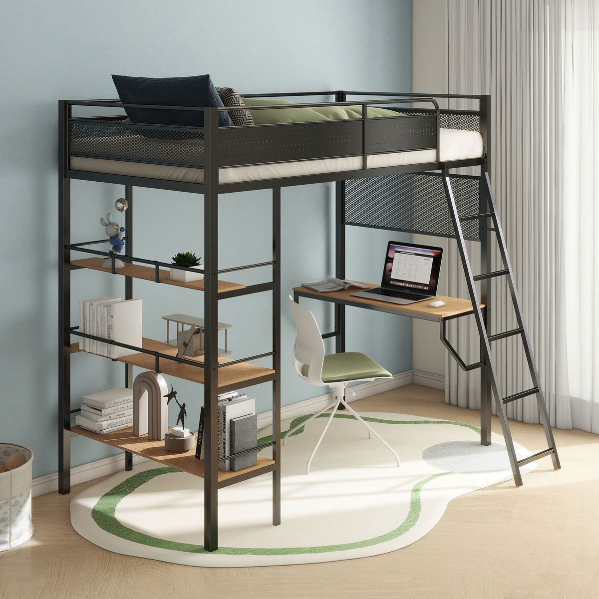 William twin loft bed with built-in desk and 3-shelf unit in matte black by HouseOfZazla on Tampa Home & Garden Store
