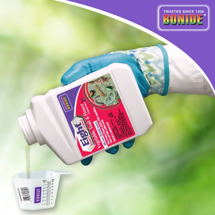 Bonide Eight Vegetable, Fruit & Flower Spray Concentrate plastic bottle pouring into cup on Tampa Home & Garden Store