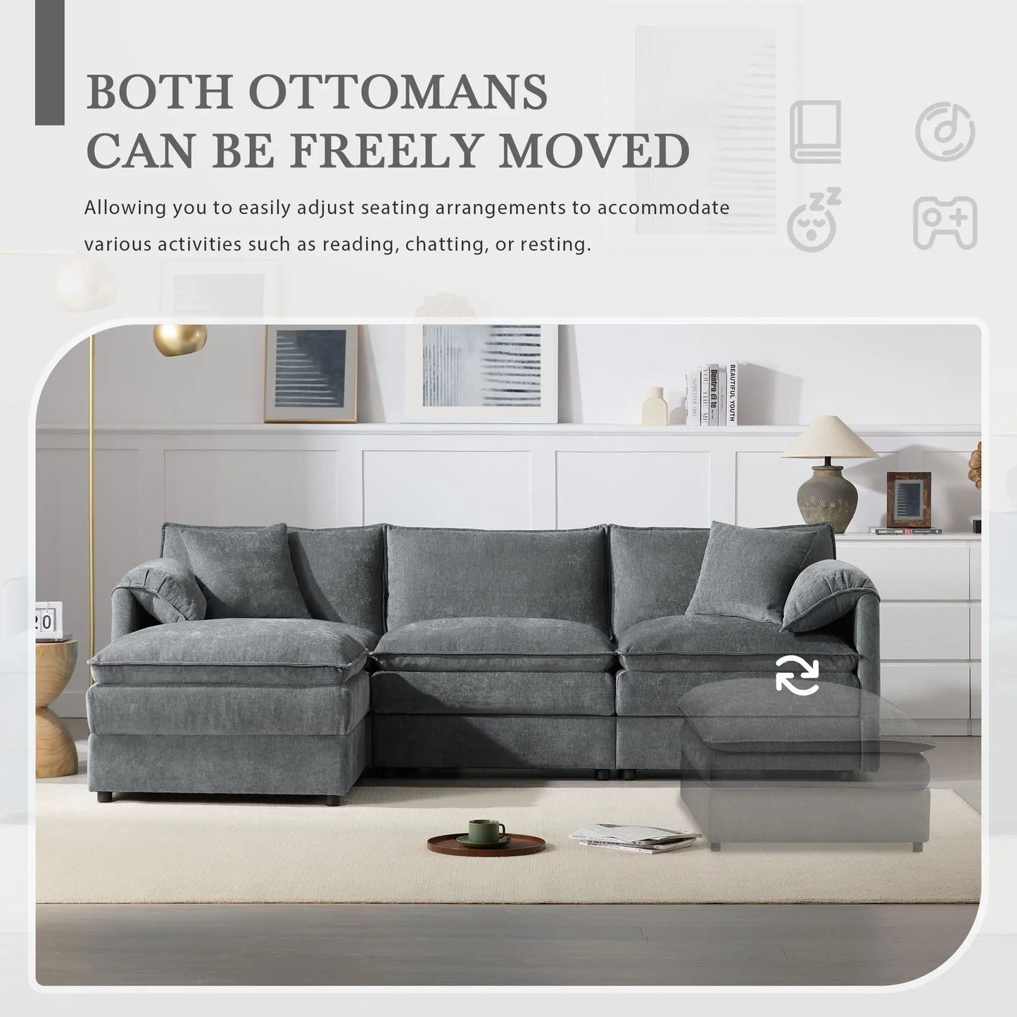 Gray modular sectional with deep seats and double cushions; movable ottoman by Unique Piece on Tampa Home & Garden Store