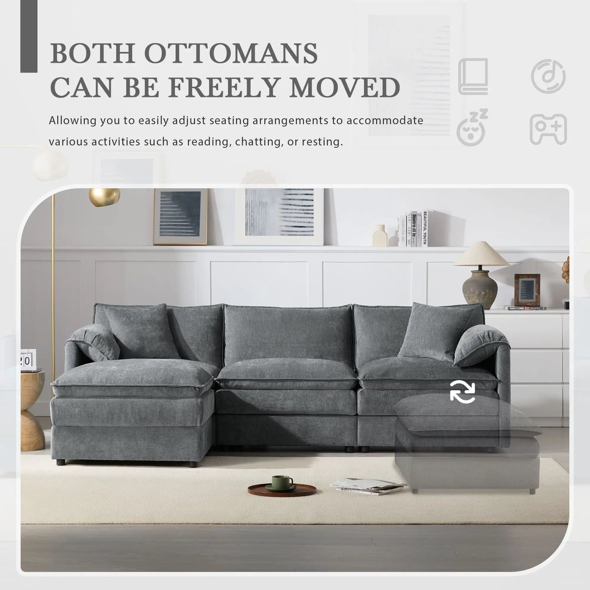 Gray modular sectional with deep seats and double cushions; movable ottoman by Unique Piece on Tampa Home & Garden Store