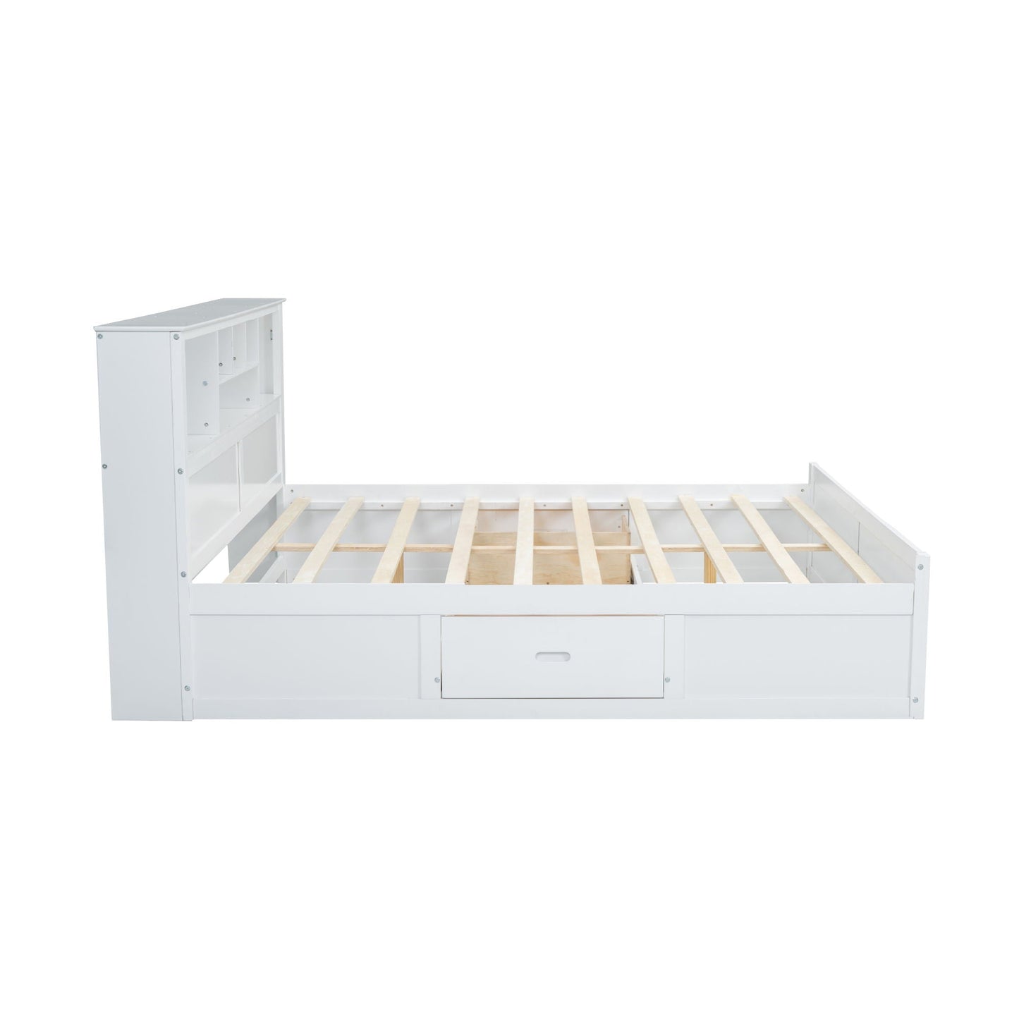 White platform bed with a multi-storage headboard of cubbies and drawers by HouseOfZazla on Tampa Home & Garden Store