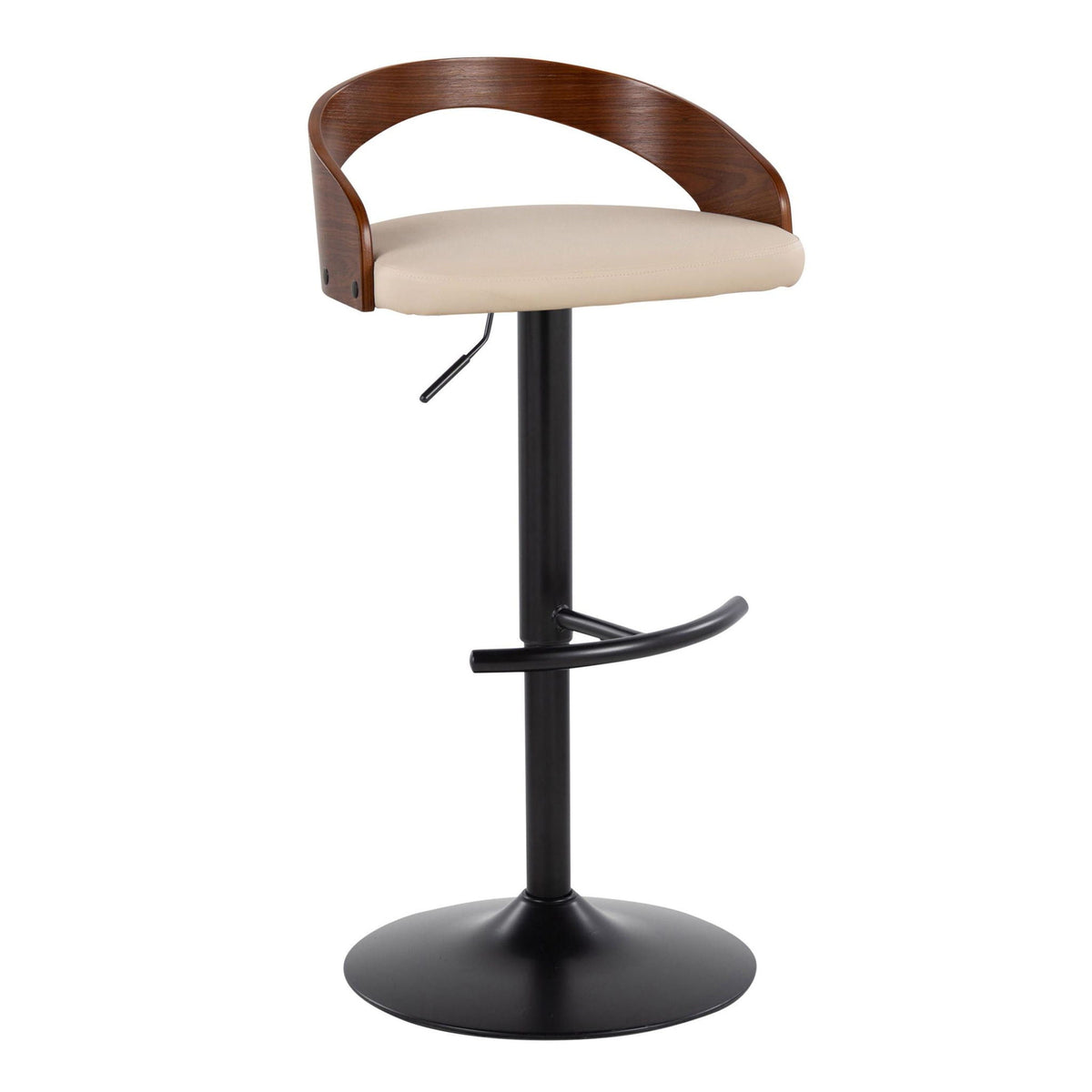 Contemporary adjustable barstool with beige cushion, curved wood back, swivel and footrest on Tampa Home & Garden Store