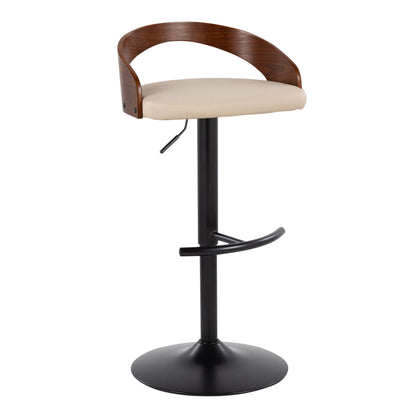 Contemporary adjustable barstool with beige cushion, curved wood back, swivel and footrest on Tampa Home & Garden Store