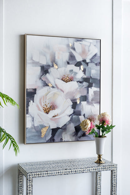 Sarah Framed Floral Wall Art hand-painted canvas in muted blue pink with gold accents metal frame on Tampa Home & Garden Store