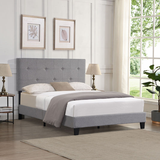 Full upholstered bed with gray tufted headboard and wood slat support no box spring on Tampa Home & Garden Store