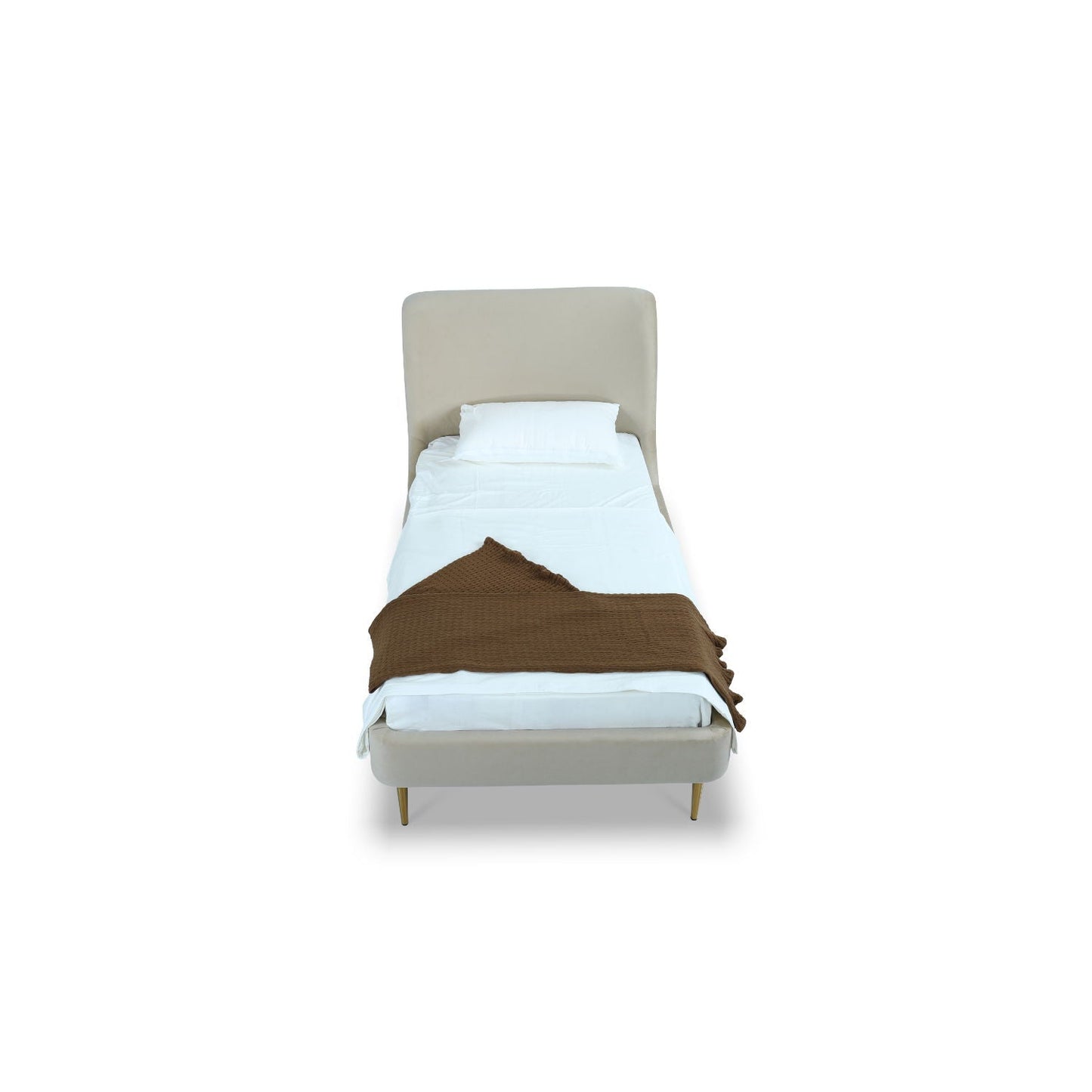 Mid-Century Modern upholstered bed with curved beige headboard and white bedding HouseOfZazla on Tampa Home & Garden Store
