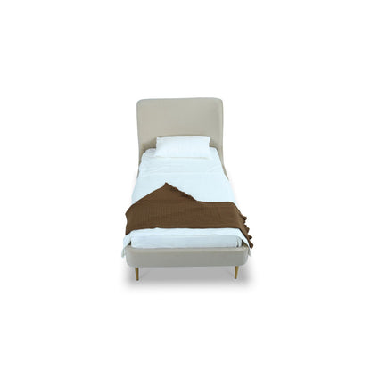 Mid-Century Modern upholstered bed with curved beige headboard and white bedding HouseOfZazla on Tampa Home & Garden Store