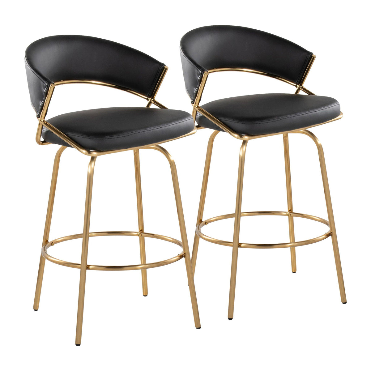 Glam fixed-height counter stools with swivel, set of 2, black faux leather, gold frame on Tampa Home & Garden Store