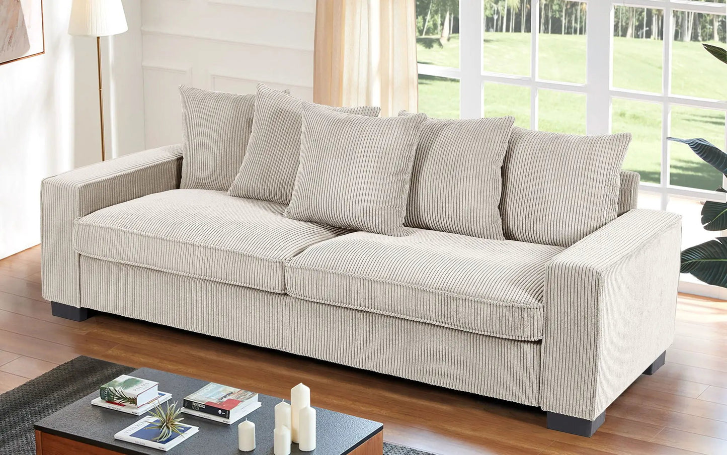 Luxe 3-seat stationary sofa with beige striped upholstery and 5 matching toss pillows on Tampa Home & Garden Store