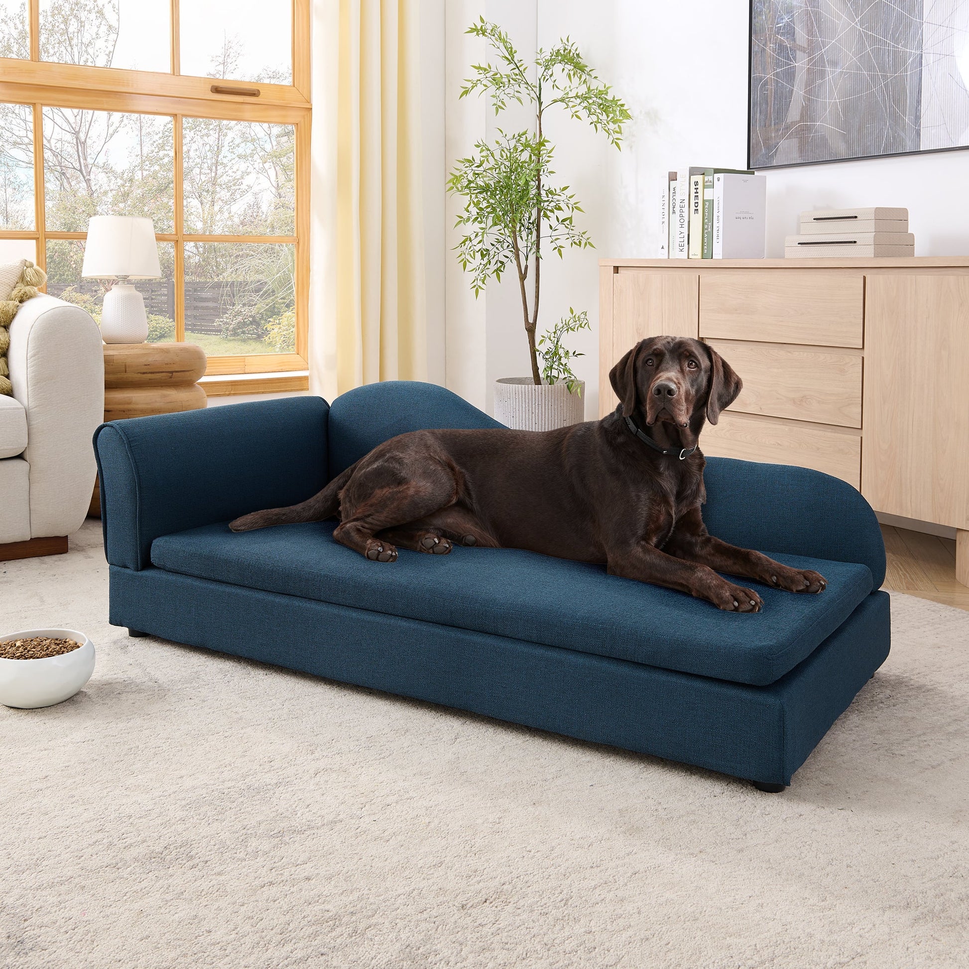 Oversized Pet Sofa for Medium/Large Dogs by HouseOfZazla in dark blue fabric with a resting dog on Tampa Home & Garden Store