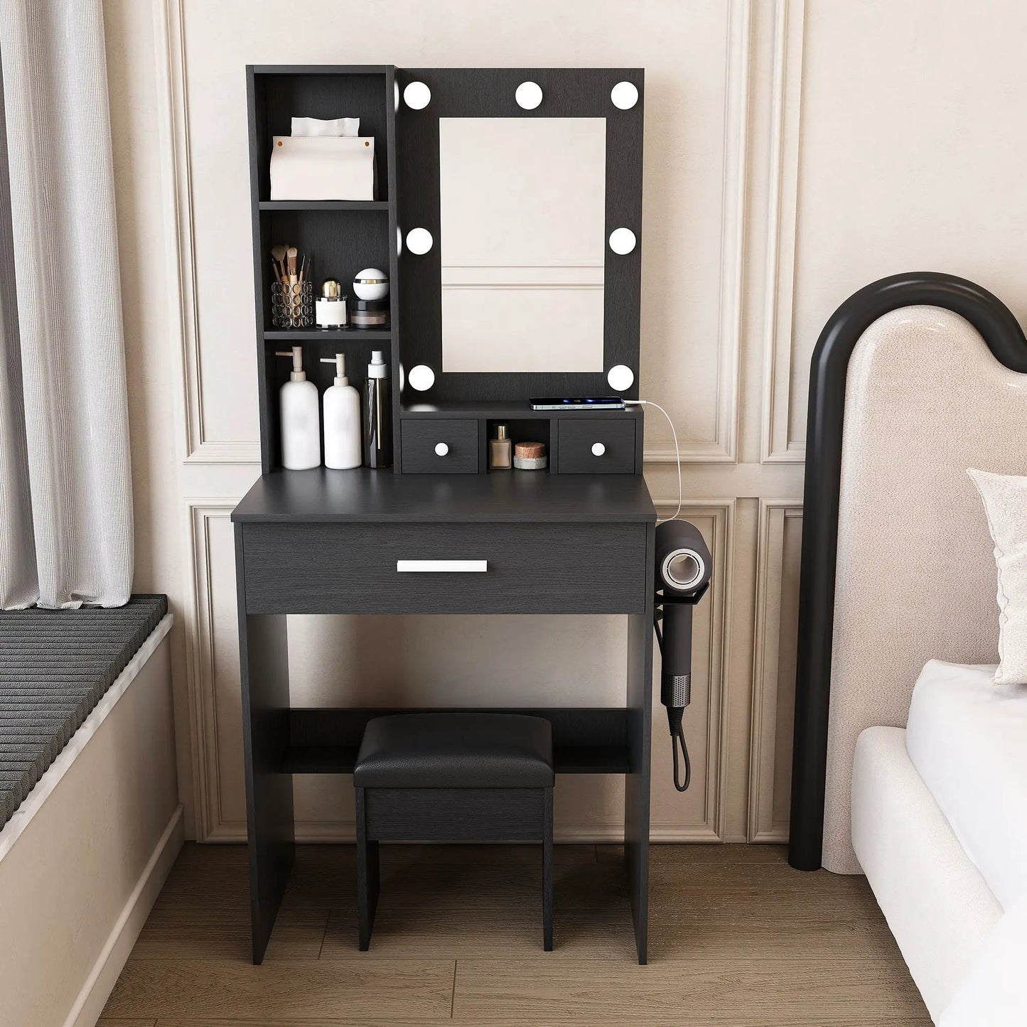 Vanity Table with Mirror and Hairdryer Holder