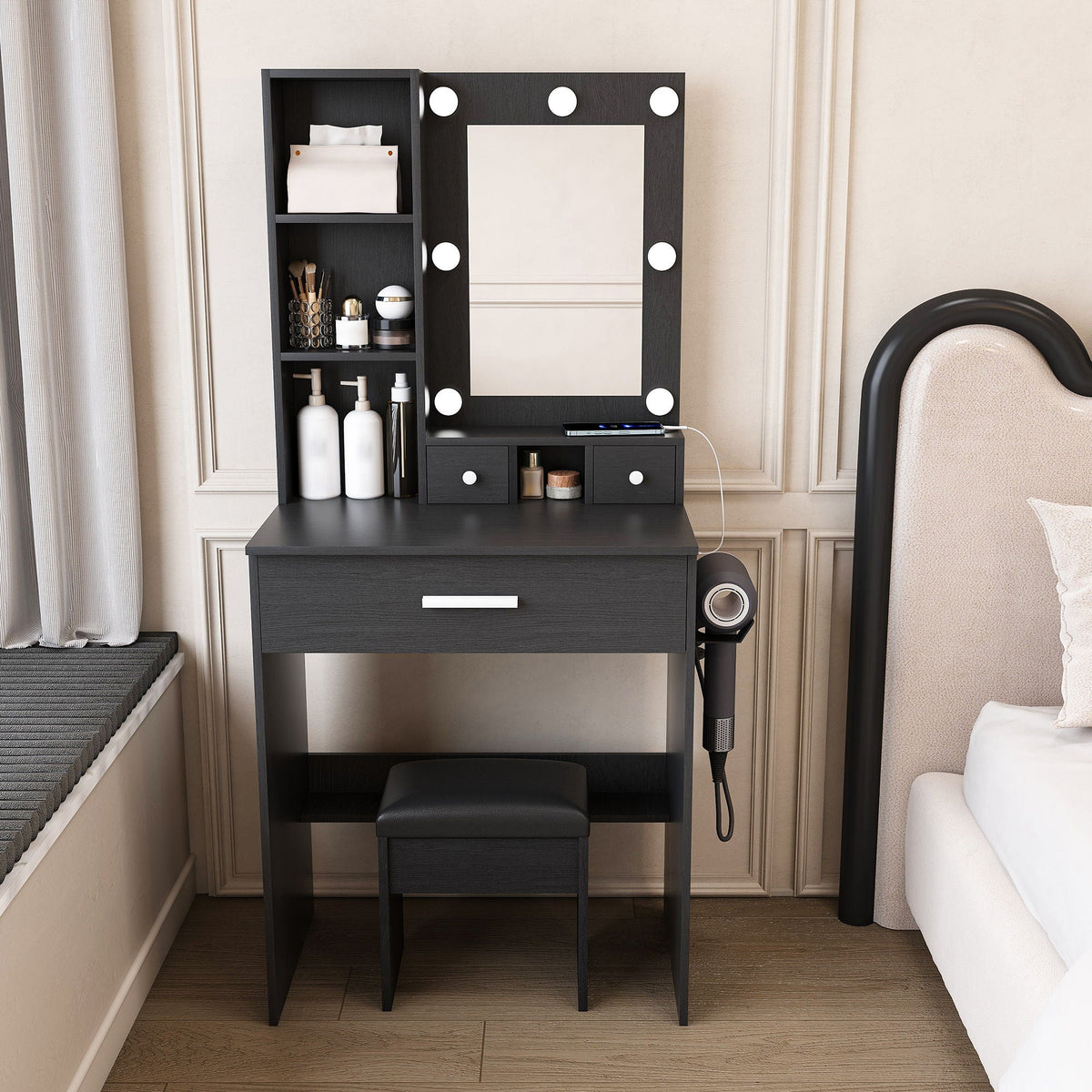 Vanity set with mirror and LED bulbs, black wood finish, built-in power outlet HouseOfZazla on Tampa Home & Garden Store