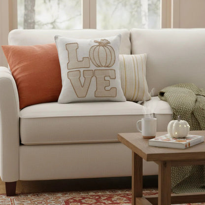 Love Pumpkin Embroidered Throw Pillow Natural with pumpkin motif Unique Piece Furniture on Tampa Home & Garden Store