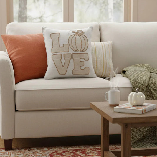 Love Pumpkin Embroidered Throw Pillow Natural with pumpkin motif Unique Piece Furniture on Tampa Home & Garden Store
