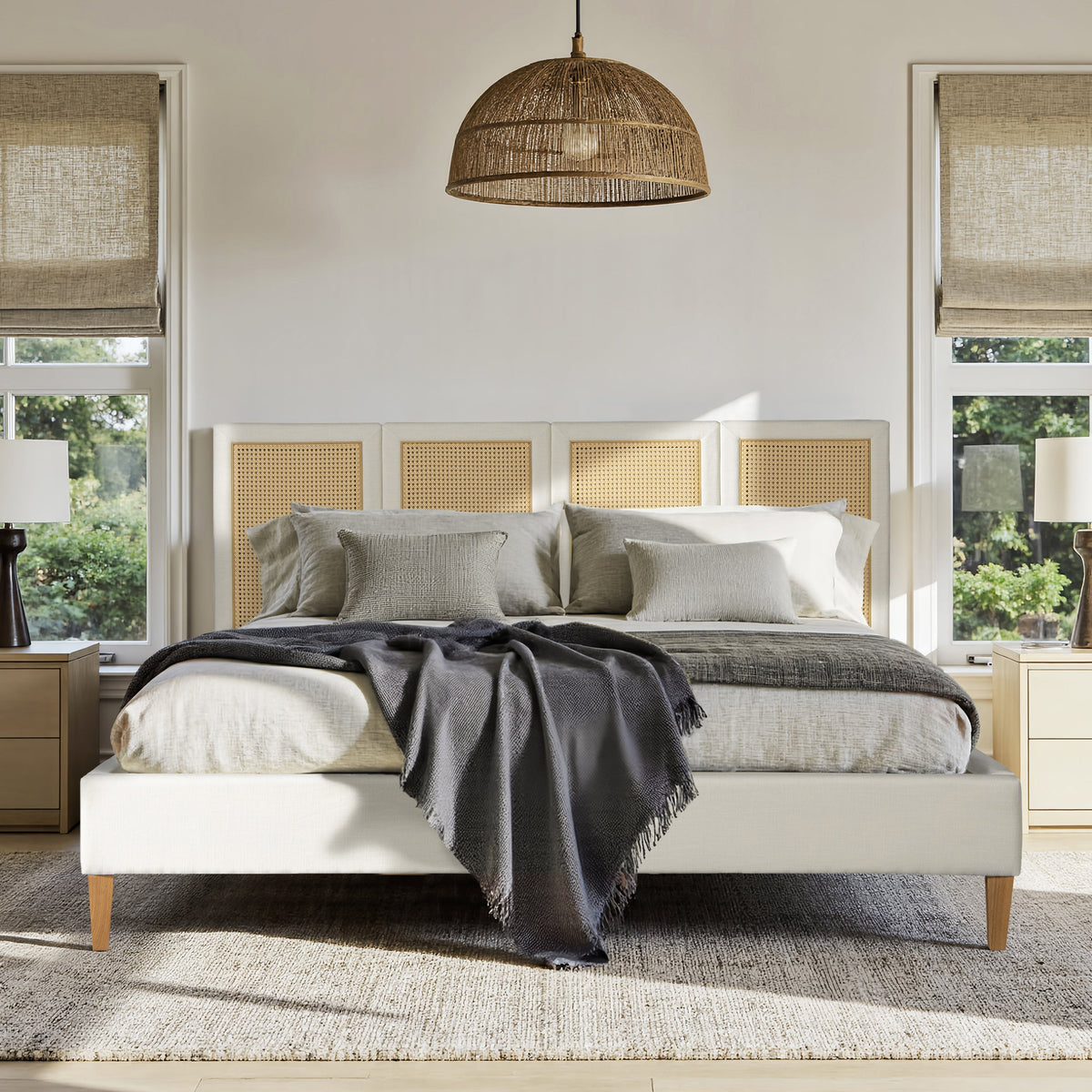 Toscana King Upholstered Cane Back Platform Bed antique beige frame by HouseOfZazla on Tampa Home & Garden Store