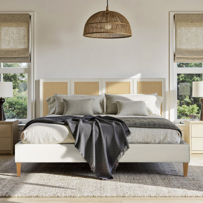 Toscana King Upholstered Cane Back Platform Bed antique beige frame by HouseOfZazla on Tampa Home & Garden Store
